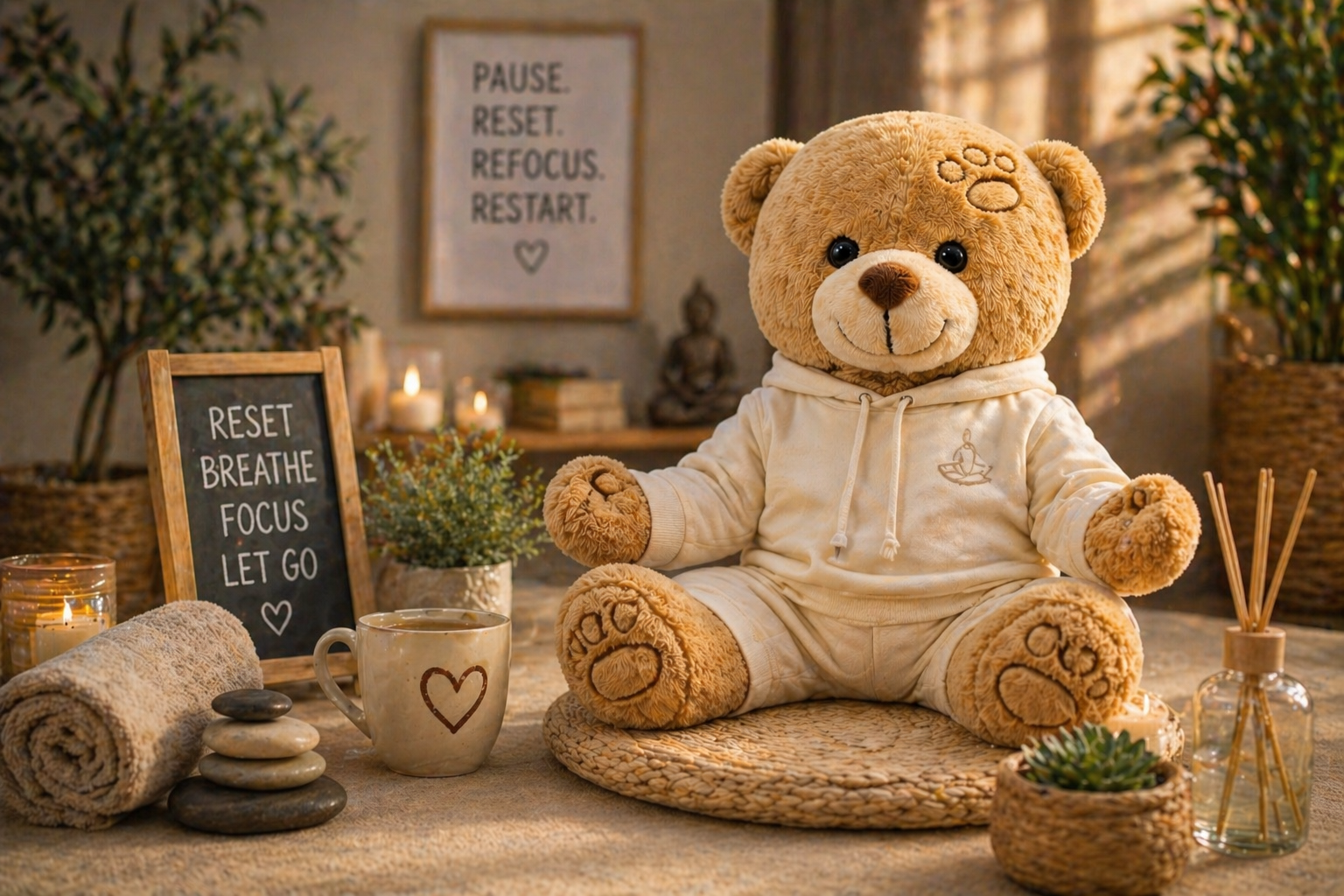 Meda u udobnoj odeći sedi u miru, okružen svećama, kamenčićima i tablom sa rečima Reset, Breathe, Focus, Let go